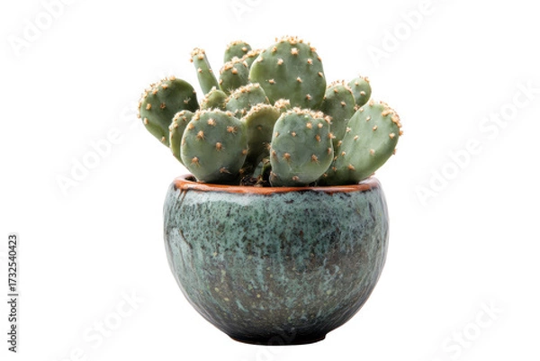 Fototapeta Green prickly pear cactus in a decorative pot isolated on transparent background. Cactus isolated on white background.