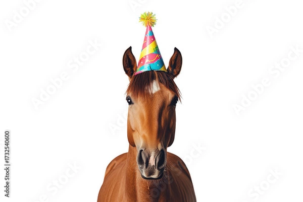 Fototapeta Funny horse wearing a party hat isolated on transparent background. Cheerful horse wearing a colorful birthday hat against a plain isolated on white background.