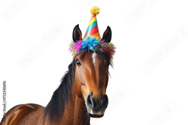 Fototapeta Funny horse wearing a party hat isolated on transparent background. Cheerful horse wearing a colorful birthday hat against a plain isolated on white background.