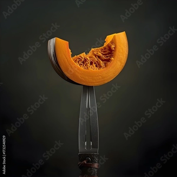 Fototapeta Pumpkin Slice Balanced on a Silver Dagger