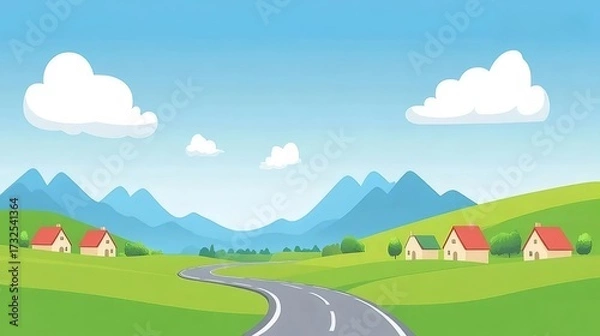 Fototapeta ピクセルアート緑の野原と山の風景イラスト