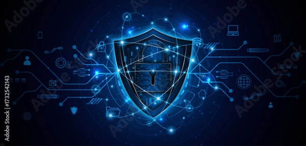 Fototapeta Cyber ​​security concept with shield symbol and lock. Data protection and cyber privacy. Innovative concept of advanced safety technology	