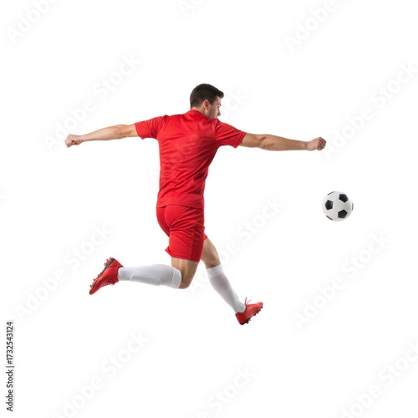 Obraz Dynamic portrayal of a footballer executing a powerful kick against a serene backdrop