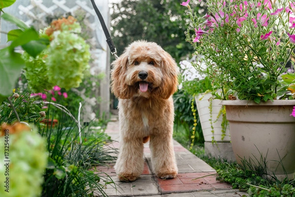 Fototapeta Close-up portrait of a brown curly-haired dog with a neat haircut, a breed of Kawapoo labradoodle in summer outside