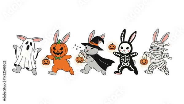 Obraz Halloween Bunny Parade: A whimsical procession of costumed bunnies, each dressed as a Halloween icon, merrily skips along, exuding charm and playful anticipation.