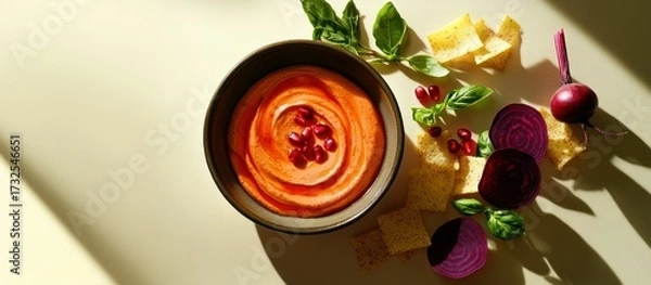 Fototapeta Bowl filled with carrot and beetroots dip or sauce, and crispy chips for snack, healthy vegan food, AI generated photo