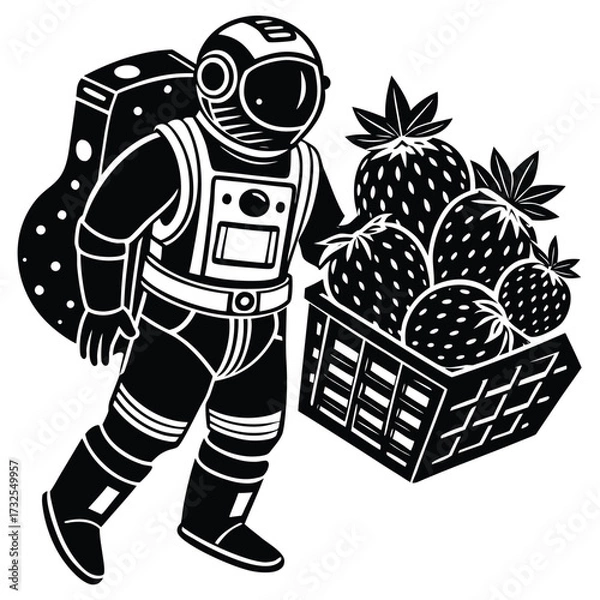 Fototapeta Vector astronaut carrying hydroponic strawberries in space station