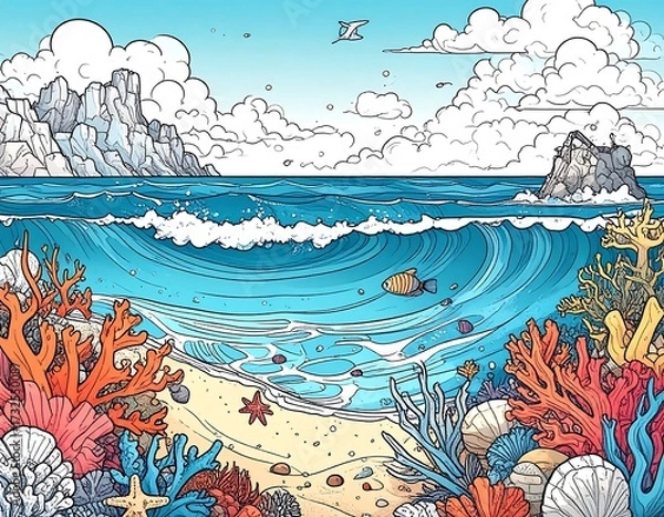 Fototapeta Colorful ocean scene with coral reefs