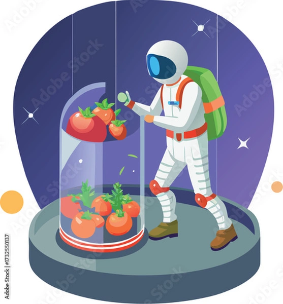 Fototapeta Vector astronaut harvesting tomatoes inside glowing biodome
