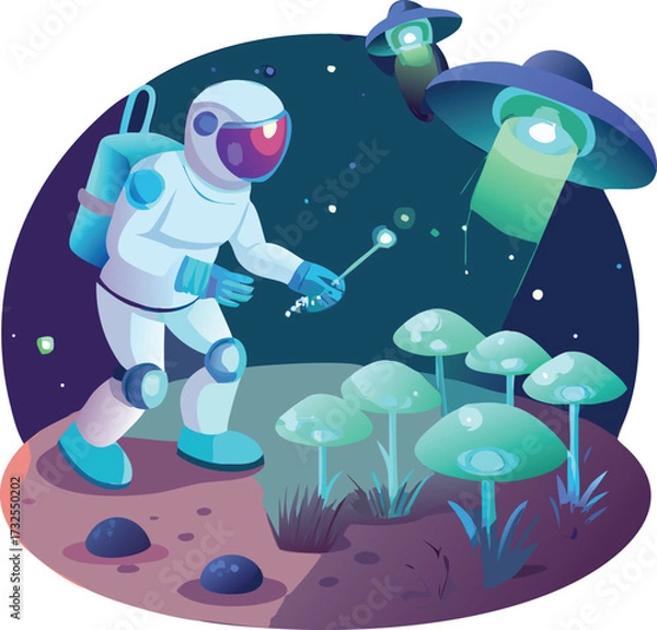 Fototapeta Vector astronaut robot harvesting glowing mushrooms