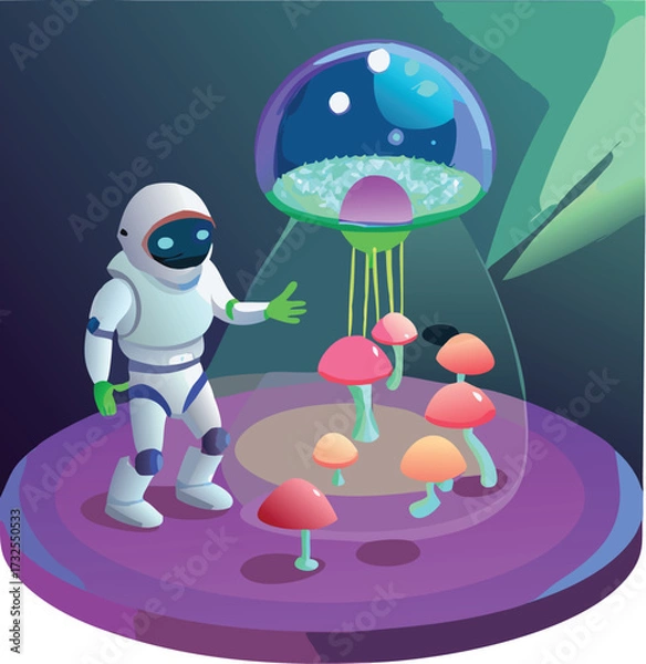 Fototapeta Isolated red toadstool fungus cartoon vector illustration of an alien in a UFO