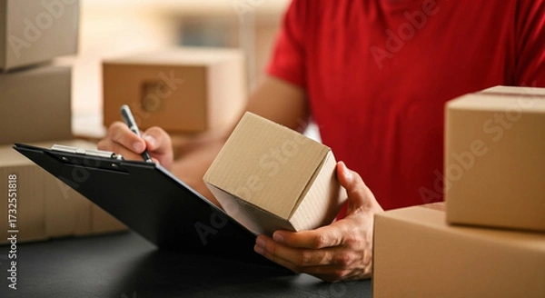 Fototapeta Delivery worker verifying package list with pen for efficient shipment and distribution in busy warehouse environment