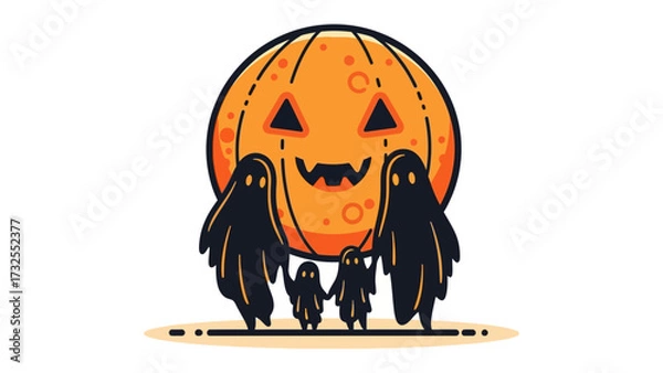 Fototapeta Halloween Family: A friendly family of ghosts stands together in front of a carved, grinning jack-o'-lantern, symbolizing unity and the spooky spirit of the holiday.
