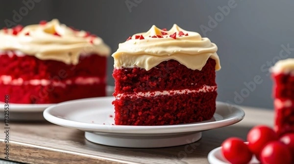 Fototapeta Delicious slices of gourmet cake with cherry, strawberry, and berry toppings on a plate from a bakery