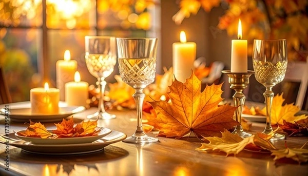 Fototapeta Autumn Table Setting with Candles and Wine Glasses.