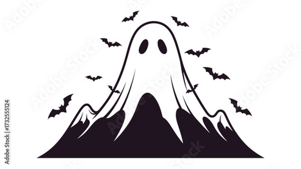 Fototapeta Spooky Night on the mountain: A haunting illustration showcasing a ghostly figure emerging from a shadowy mountain scene, bats circling ominously above for Halloween.
