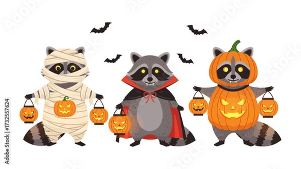 Fototapeta Halloween Raccoon Trio: A collection of three adorable raccoons, each adorned in unique Halloween costumes. From mummy wraps to vampire capes and pumpkin suits, they hold glowing lanterns.