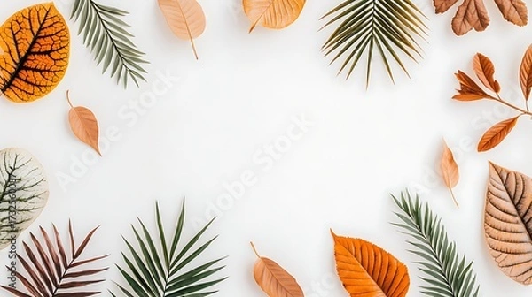 Fototapeta Overhead shot of leafy tropical plant elements arranged flat on clean white backdrop