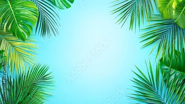 Fototapeta Overhead shot of leafy tropical plant elements arranged flat on clean white backdrop