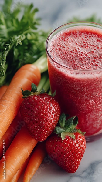 Fototapeta Fresh Smoothie Delight: A vibrant smoothie, accompanied by fresh strawberries and carrots, epitomizes health and vitality.