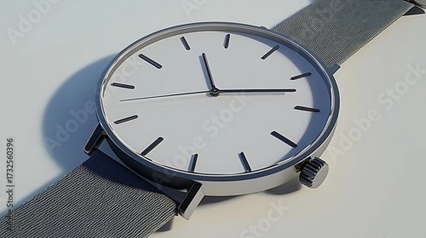 Fototapeta Simple wristwatch centered on clean surface, elegant face and strap visible with soft shadow