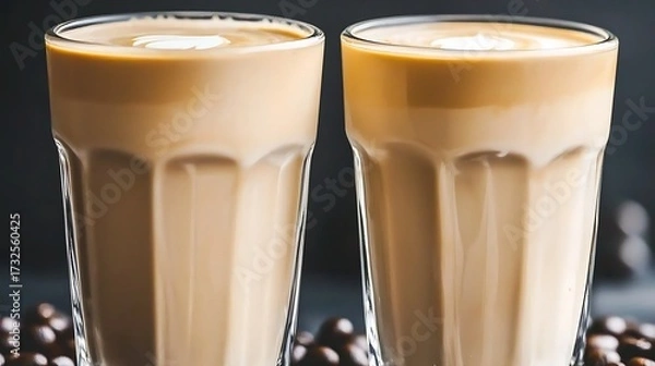 Fototapeta Single glass of iced coffee presented with clean condensation detail, isolated on dramatic dark background