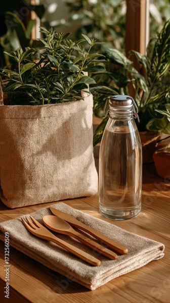 Fototapeta Sustainable Dining Aesthetic: A captivating still life captures the essence of sustainable dining, showcasing wooden cutlery alongside a reusable water bottle and potted plants.
