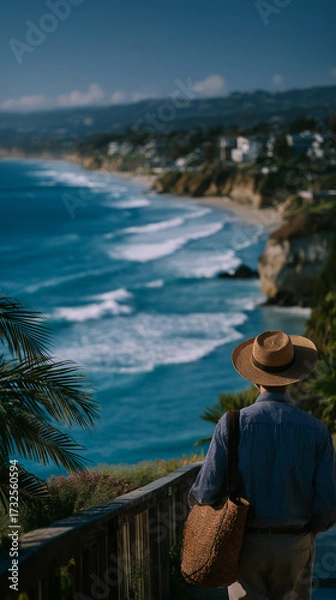 Fototapeta Seaside Solitude: A person in a straw hat and casual attire gazes out over a stunning coastal landscape, evoking feelings of peaceful reflection amidst the sea breeze.