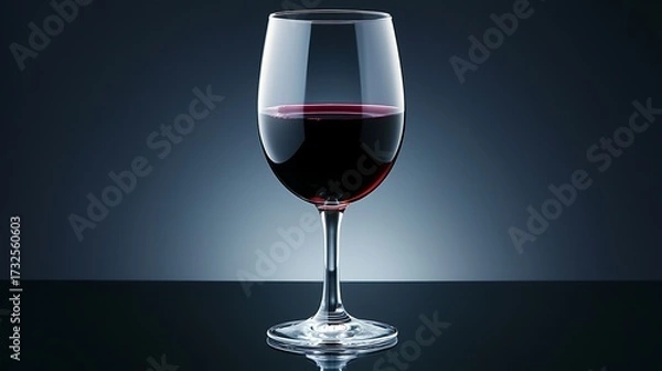 Fototapeta Single glass of red wine centered with soft rim light against dark backdrop, elegant minimal style