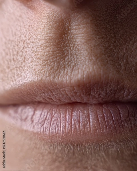Fototapeta Macro beauty texture of dry chapped lips with detailed lines and realistic surface, captured with neutral studio light. Helpful for dermatology, lip care, skincare, healthcare, education, editorial