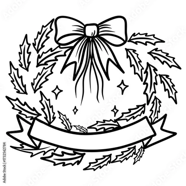 Obraz Christmas Wreath Line Art with Bow and Ribbon, Holiday Decoration Vector
