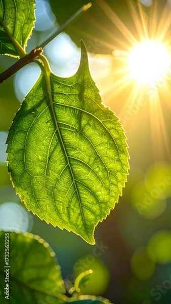 Obraz Close-up vibrant green leaf bathed in sunlight