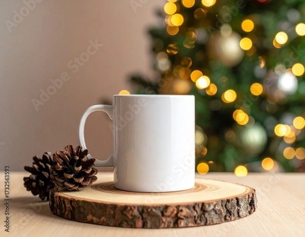Fototapeta Minimal white mug mockup with pinecone, wooden coaster, and blurred Christmas lights in background – clean holiday design style