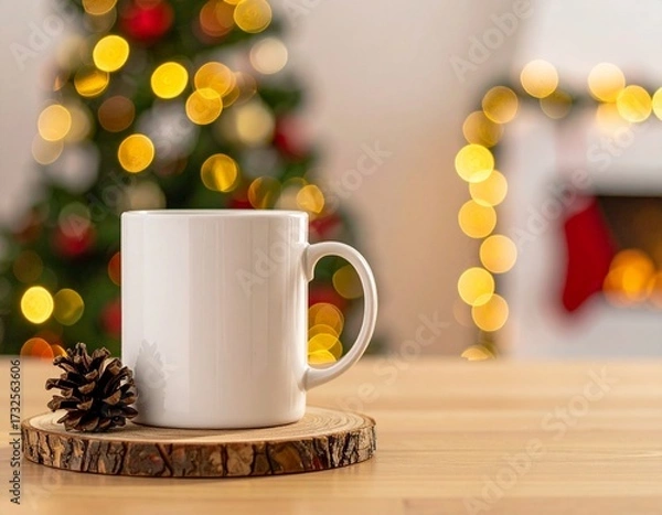 Fototapeta Minimal white mug mockup with pinecone, wooden coaster, and blurred Christmas lights in background – clean holiday design style