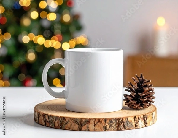 Fototapeta Minimal white mug mockup with pinecone, wooden coaster, and blurred Christmas lights in background – clean holiday design style