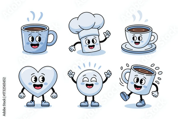 Fototapeta This artwork features adorable cartoon coffee mugs and a chef, expressing various emotions and interactions that convey cuteness and warmth in a colorful style.