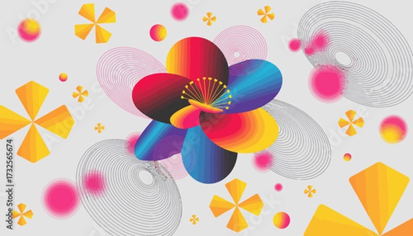 Fototapeta A bright and cheerful design showcasing a colorful flower surrounded by abstract shapes and swirls, symbolizing beauty, joy, and creativity in artistic expression.