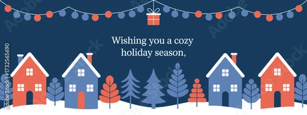 Fototapeta This delightful illustration captures the essence of holiday wishes with colorful houses nestled in a winter landscape, radiating warmth, joy, and festive cheer all around.