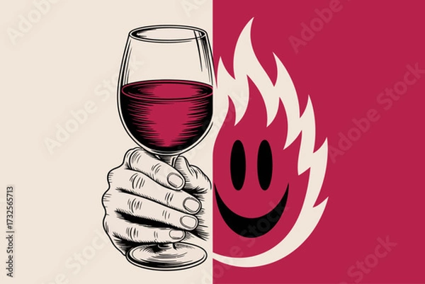 Fototapeta This illustration features a glass of red wine alongside a bright flame and smiley face, symbolizing joy, passion, and celebration with a creative twist on emotions.