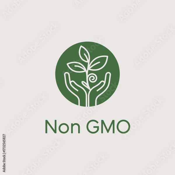 Fototapeta This evocative image features a non-GMO symbol characterized by hands supporting a leafy plant, symbolizing care for the environment and healthy choices.