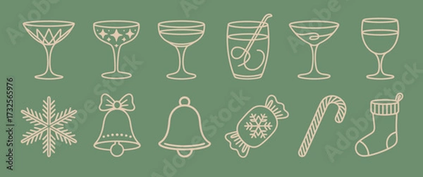 Fototapeta Showcasing an assortment of beautifully designed cocktail glasses paired with holiday elements, set in a playful atmosphere reflecting joy and festive moments.