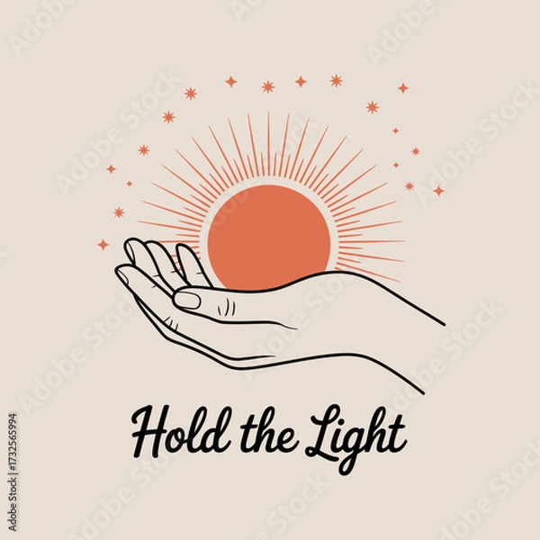 Fototapeta This image depicts a hand gently holding a radiant light source, symbolizing hope and positivity, surrounded by a sunburst and sparkling elements representing warmth.