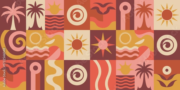 Fototapeta This captivating image portrays a dynamic tropical scene with waves and sun illustrations, capturing the essence of summer fun and carefree vibes in a bright palette.