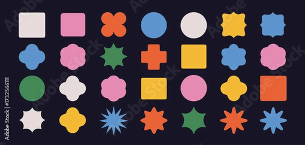 Fototapeta An eye-catching arrangement of bright geometric shapes, including circles and stars, creating a dynamic visual experience that evokes creativity and joy.