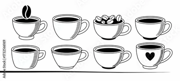 Fototapeta A stylish collection of aesthetically pleasing coffee mugs and beans, ideal for evoking a feeling of warmth, comfort, and inviting coffee moments in your art projects.