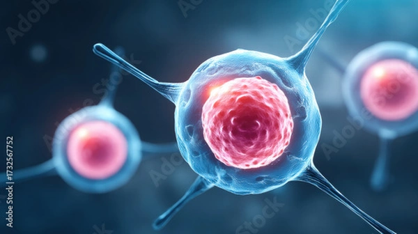 Fototapeta Mesenchymal stem cells in culture showing vibrant cellular structure under microscope in laboratory environment