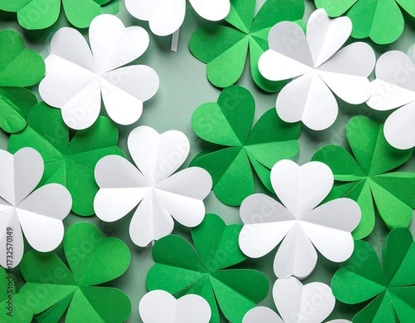 Fototapeta Colorful paper shamrocks on a pastel background
