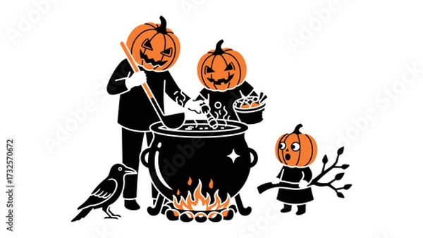 Fototapeta Pumpkin-headed Halloween Gathering: A whimsical illustration depicts a family of pumpkin-headed figures gathered around a bubbling cauldron, creating a festive and spooky atmosphere. 