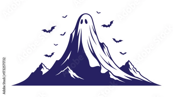 Fototapeta Spooky Mountain Specter: A conceptual Halloween scene featuring a mountain disguised as a ghost, with bats fluttering above.
