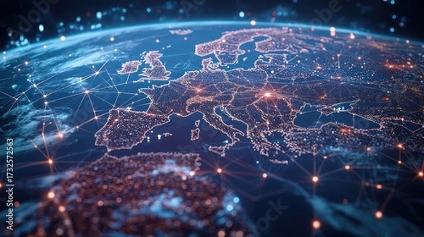 Obraz Digital network overlay on earth depicting global connectivity and data flow